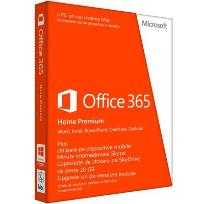 Microsoft Office 365 Home, 32/64-bit, 1 an, 5 PC, engleza, Medialess