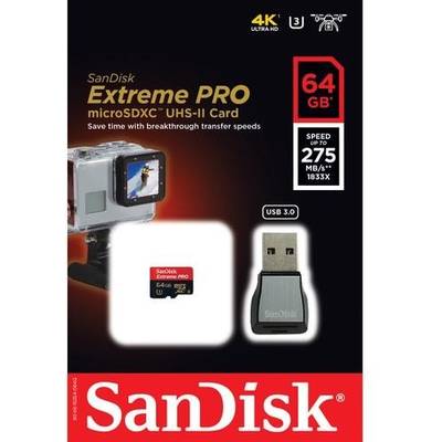 Card de Memorie SanDisk Micro SDXC Extreme PRO 64GB UHS-II U3 Class 10 275 MB/s + Card Reader USB 3.0