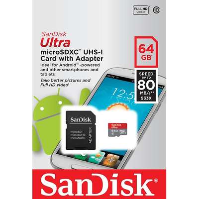 Card de Memorie SanDisk Micro SDXC Ultra 64GB UHS-I Class 10 80 MB/s + Adaptor SD