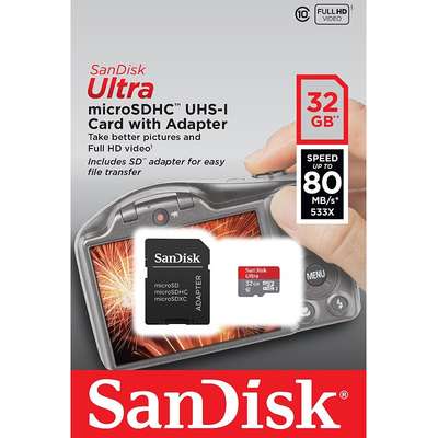 Card de Memorie SanDisk Micro SDHC Ultra Cameras 32GB UHS-I Class 10 80 MB/s + Adaptor SD