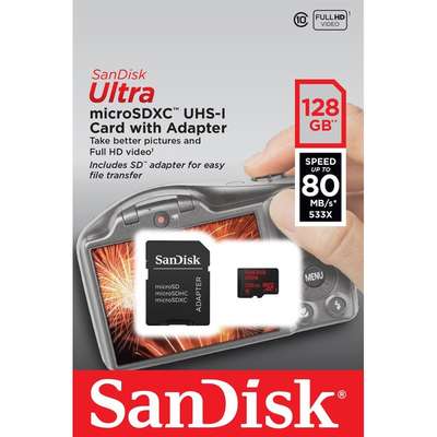 Card de Memorie SanDisk Micro SDXC Ultra Cameras 128GB UHS-I Class 10 80 MB/s + Adaptor SD