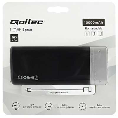 QOLTEC Slim, 10000 mAh, 2x USB, 2.1A, Black