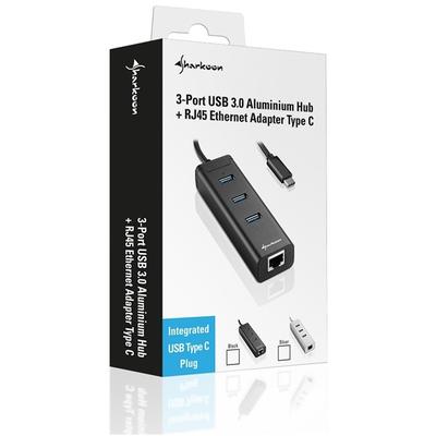 Hub USB Sharkoon 3-Port USB 3.0 + RJ45 Gigabit Aluminium Hub Type C Black