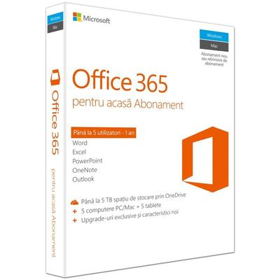 Microsoft Office 365 Home, 32/64 bit, Romana, Subscriptie 1 an - 5 utilizatori, pentru PC/Mac, Telefon si Tableta