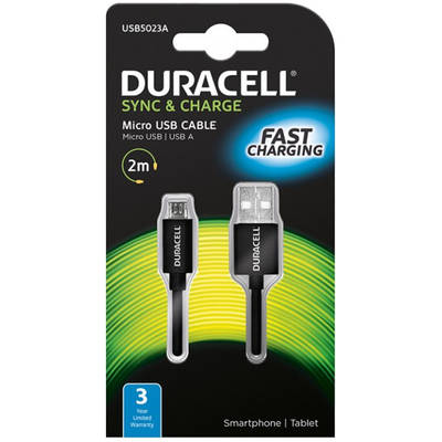Cablu Date DURACELL USB Male la microUSB Male, 2 m, Black