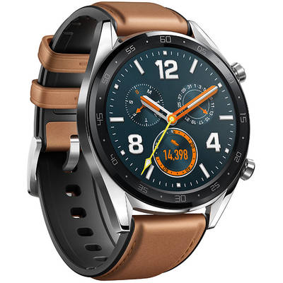 Smartwatch Huawei WATCH GT, Bluetooth, NFC, GPS, corp argintiu, curea piele maro