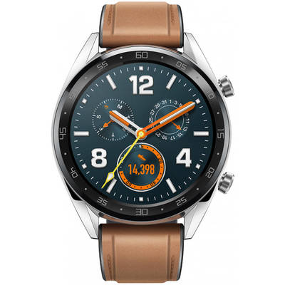 Smartwatch Huawei WATCH GT, Bluetooth, NFC, GPS, corp argintiu, curea piele maro