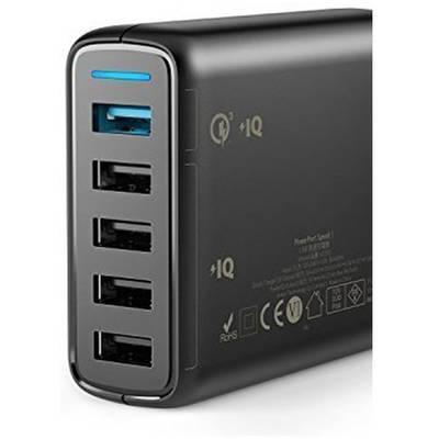 Anker PowerPort+ 5, 5x USB, 63W, Black, tehnologia Quick Charge 3.0, PowerIQ si VoltageBoost