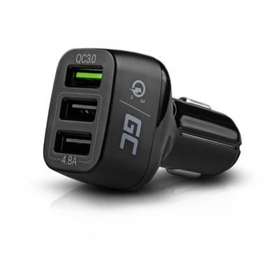 Green Cell  Auto, 3x USB, 3A, Black, tehnologia Quick Charge 3.0