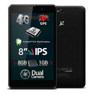 Tableta Allview Viva H801, 8 inch MultiTouch, Cortex-A53 1GHz Quad Core, 1GB RAM, 8GB flash, Wi-Fi, Bluetooth, GPS, 4G, Android 6.0, Black