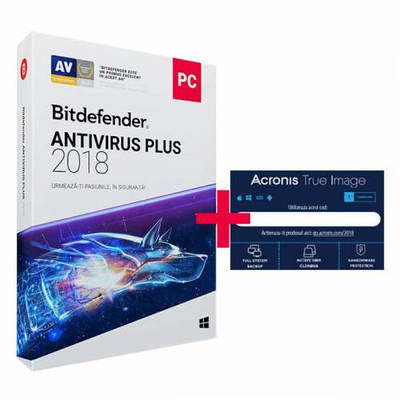 Software Securitate Bitdefender Antivirus Plus 2018, 1 Dispozitiv, 1 An, Licenta Noua + 1 Acronis True Image 1User perpetual