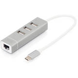 Hub USB Assmann HUB 3-port USB 2.0 HighSpeed Typee C with Fast Ethernet LAN adapter, aluminium