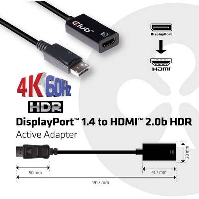 CLUB3D Adaptor Activ DisplayPort  1.4 la HDMI 2.0b HDR  [CAC-1080]