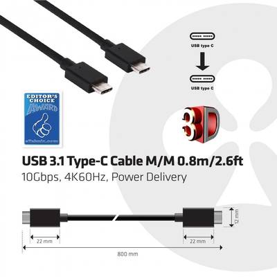 CLUB3D Cablu USB 3.1 Type-C 10Gbps 4K60Hz PD 100W Male/Male 0.8m