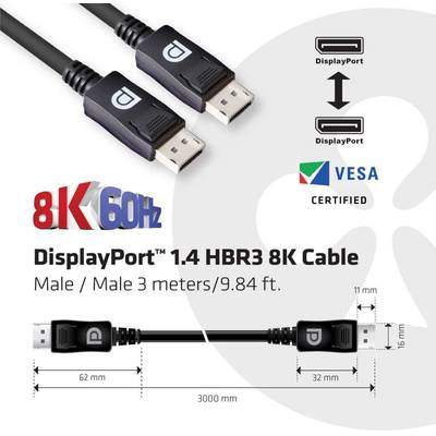 CLUB3D DisplayPort 1.4 HBR3 8K 28AWG Cable Male/Male 3m
