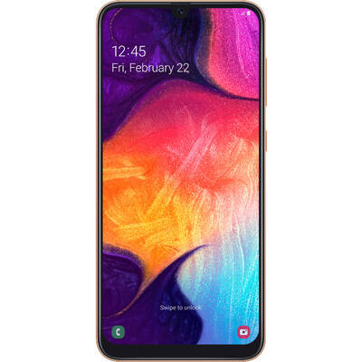 Smartphone Samsung Galaxy A50 (2019), Ecran Super AMOLED Full HD+, Octa Core, 128GB, 4GB RAM, Dual SIM, 4G, 4-Camere: 25 mpx + 25 mpx + 8 mpx + 5 mpx, Baterie 4000 mAh cu incarcare rapida, Amprenta sub display, Orange Coral