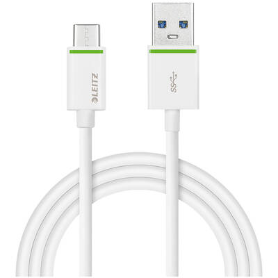 Cablu de date Leitz Complete tip USB-C la Micro USB, cu iesire pana la 2A, 1 m, alb