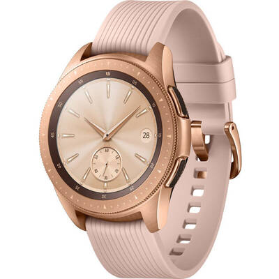 Smartwatch Samsung Galaxy Watch 2018, 42 mm, corp auriu, curea silicon roz, Wi-Fi, Bluetooth, GPS si NFC, rezistent la apa, apeluri