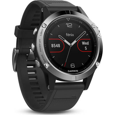 Smartwatch Garmin Fenix 5 argintiu, curea silicon negru GPS + HR
