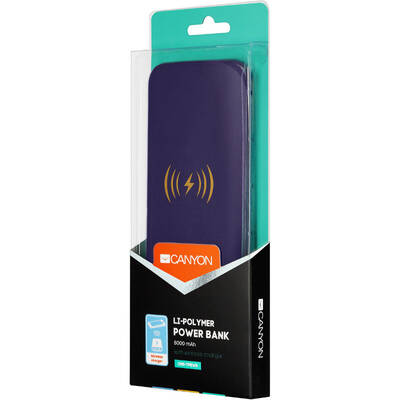 CANYON CNS-TPBW8P, 8000 mAh, 2x USB, 1x USB-C, 2A, Wireless Charging, Purple