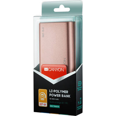 CANYON CND-TPBQC10RG, 10000 mAh, 2x USB, 1x PD cu tehnologia Quick Charge 3.0, roz-auriu