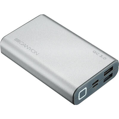 CANYON CND-TPBQC10S, 10000 mAh, 2x USB, 1x PD cu tehnologia Quick Charge 3.0, argintiu