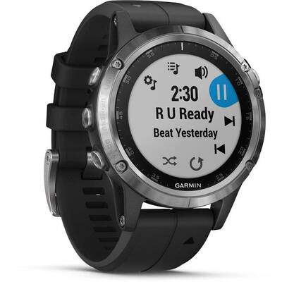 Smartwatch Garmin Fenix 5 Plus argintiu, curea silicon negru, GPS + HR