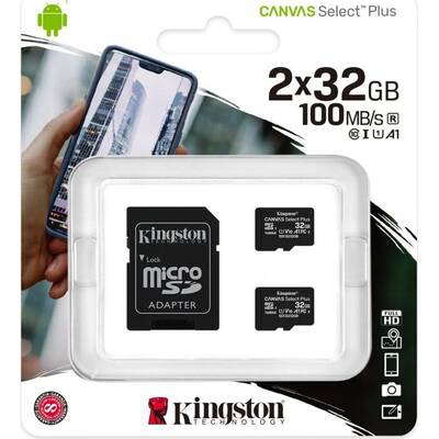 Card de Memorie Kingston Canvas Select Plus R100, microSDHC 32GB, Kit, UHS-I U1, A1, Class 10, 2-pack