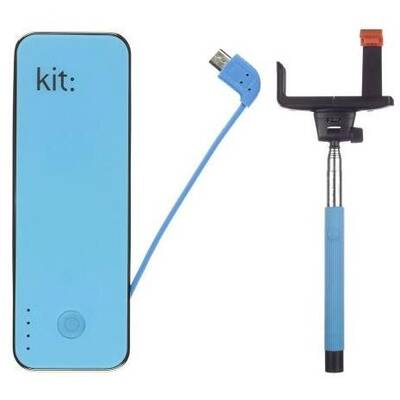 Baterie portabila Kit Fashion, 4500mAh, 1x USB, 1x Lightning, Blue + Selfie Stick Bluetooth