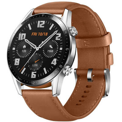 Smartwatch Huawei  WATCH GT 2, 46 mm, Bluetooth, GPS, corp argintiu Stainless Steel, curea piele maro, rezistent la apa, senzor HR