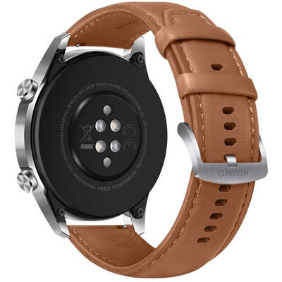 Smartwatch Huawei  WATCH GT 2, 46 mm, Bluetooth, GPS, corp argintiu Stainless Steel, curea piele maro, rezistent la apa, senzor HR