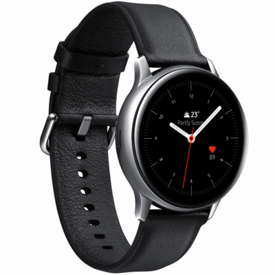 Smartwatch Samsung Galaxy Watch Active 2 (2019), 40 mm, otel argintiu, curea piele negru, Wi-Fi, Bluetooth, GPS, NFC, rezistent la apa