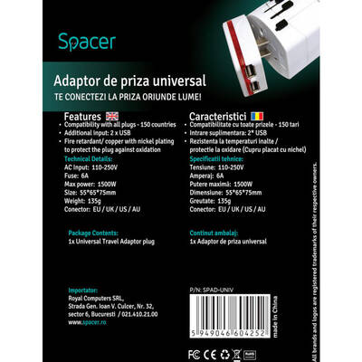 Spacer Universal, 2x USB, 10A, White
