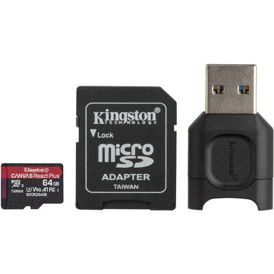 Card de Memorie Kingston Micro SDXC UHS-II U3 Canvas React PLUS 64GB Clasa 10 + Adaptor SD + cititor USB