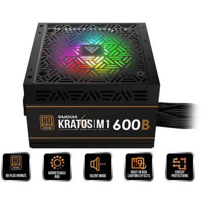 Sursa PC Gamdias Kratos M1 600B RGB, 80+ Bronze, 600W