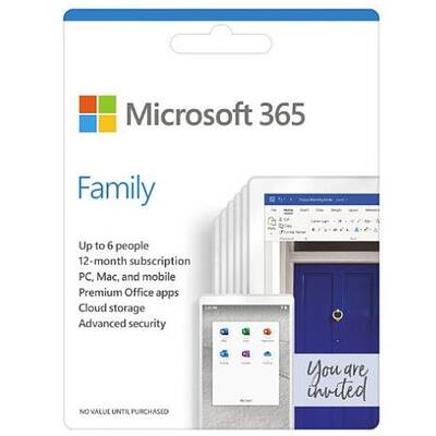 Microsoft 365 Family, Subscriptie 1 an, 6 Utilizatori, Engleza, Medialess Retail