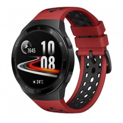 Smartwatch Huawei Watch GT 2e (2020), 46 mm, corp negru, curea silicon rosu, rezistent la apa, senzor HR