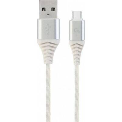 Gembird USB 2.0 (T) la USB 2.0 Type-C (T), 1m, premium, cablu cu impletire din bumbac, argintiu cu insertii albe