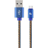 Gembird USB 2.0 (T) la USB 2.0 Type-C (T), 1m, premium, conectori auriti, cablu cu impletire din bumbac, negru cu insertii galbene (Jeans model), conetori albastri, "CC-USB2J-AMCM-1M-BL"