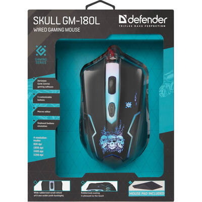 Mouse Defender Skull GM-180L Ambidextrous USB Type-A Optical 3200 DPI