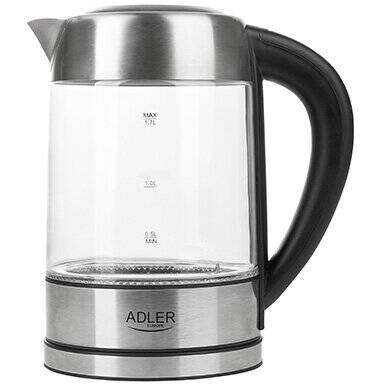Adler Fierbator AD 1247 cu reglare temperatura, 2200wati,1.7l, sticla,leduri iluminare,negru/inox