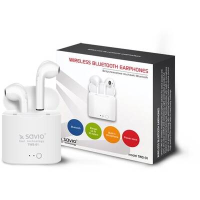 Casti Bluetooth SAVIO TWS-01 Wireless Bluetooth Earphones, White