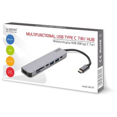 Hub USB SAVIO AK-47 MULTIFUNCTIONAL USB Type C 7IN1 HUB HDMI, SD & TF CARD, USB 3.0, USB 3.0 Type C  Grey
