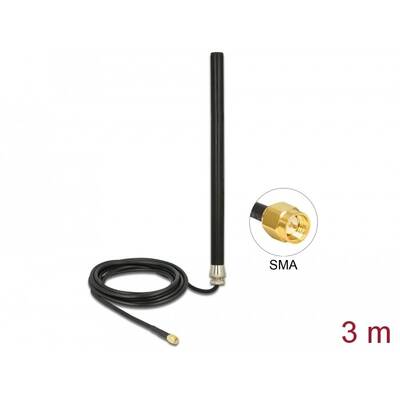 Antena DELOCK LTE UMTS GSM SMA tată 3 dBi omnidirecțională fixată cu cablu de conectare (RG-58, 3 m) montare la exterior, negru