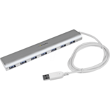 7 Port Compact USB 3.0 Hub with Built-in Cable - Aluminum USB Hub - Silver USB3 Hub with 20W Power Adapter (ST73007UA) - USB peripheral sharing switch - 7 ports