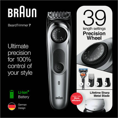 BRAUN Beard Trimmer BT7220 Men Trimmer & Hair Clipper, 39 Length Settings, Black/Grey Metal