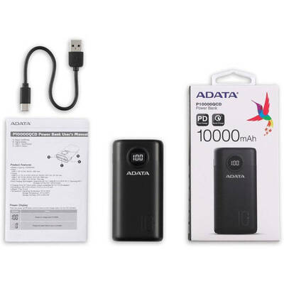 ADATA Baterie externa P10000QCD, 10000 mAh, 2x USB, 1x USB-C, 3A, Quick Charge 3.0, Black