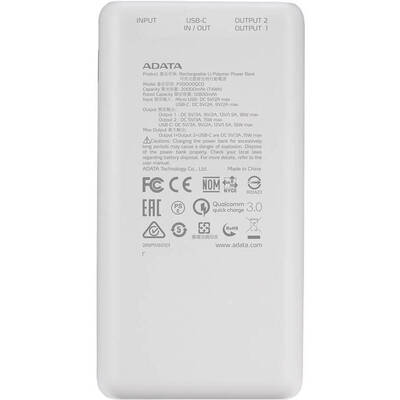 ADATA P20000QCD, 20000 mAh, 2x USB, 1x USB-C, 3A, Quick Charge 3.0, White