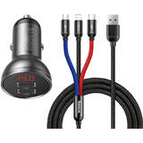 Incarcator Auto with 24W display + USB cable 3in1 Three Primary Colors 1.2m