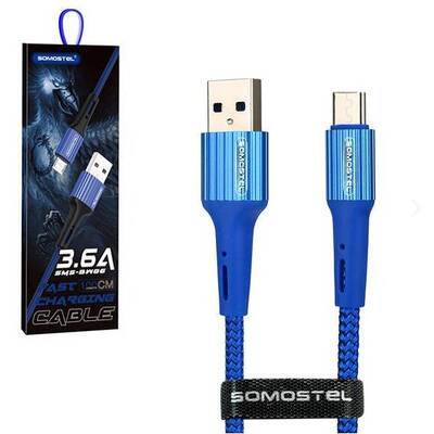 SOMOSTEL Cablu Date USB MICRO USB 3.6A Albastru 3600mAh SBW06BL QUICK CHARGER QC 3.0 1M POWERLINE Sm-BW06 - TEXTILE BRAID